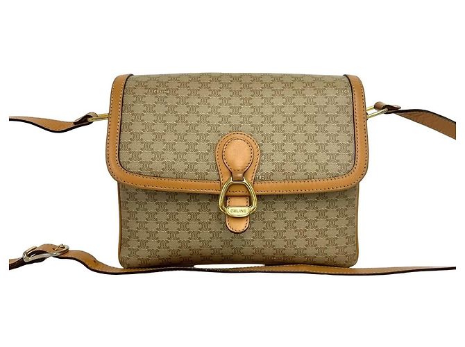 Céline Sac à épaule en cuir Celine Macadam Blazon Logo Pattern Marron Beige