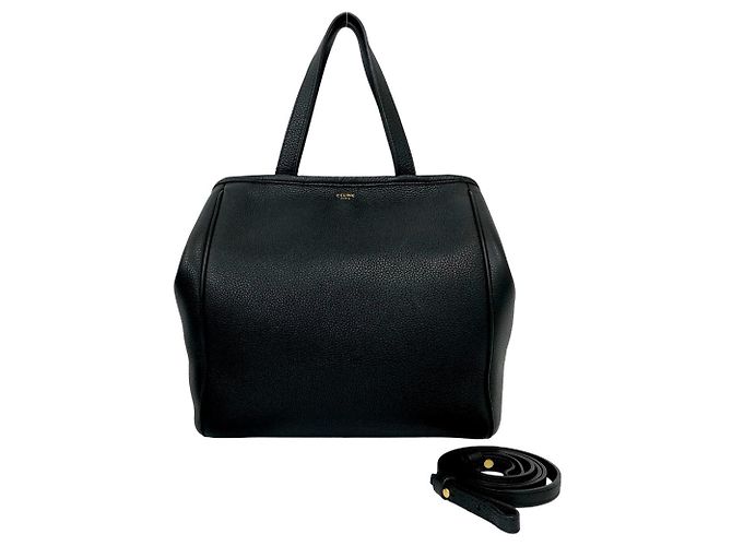 Céline Celine Small Fold Cabas Logo Leather Shoulder Bag Black
