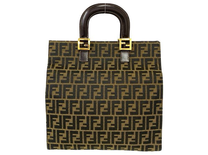 Sac cabas FENDI Vintage Zucca FF Logo Pattern Marron Noir