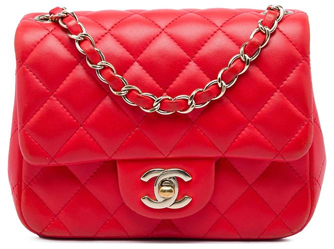 Chanel Red Mini Square Classic Lambskin Single Flap Vermelho