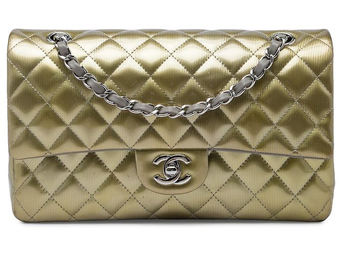 Chanel Gold Medium Classic Striated Patent Double Flap D'oro