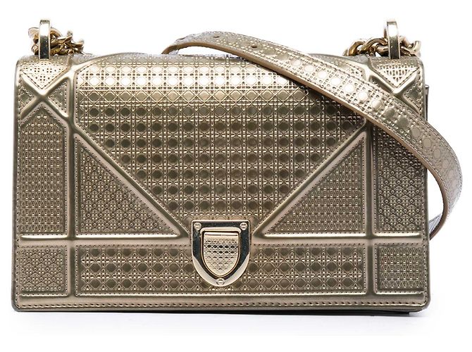 Dior Gold Small Metallic Patent Microcannage Diorama Flap Doré