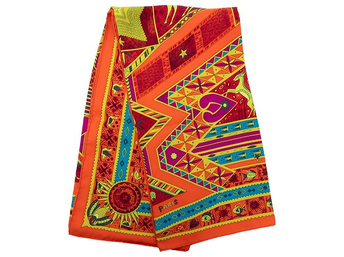 Lenço de seda Hermès Orange Ors Bleus D Afrique 90 Laranja
