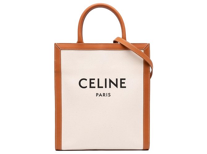 Céline Celine Sac Cabas Vertical Small en Toile Marron Beige