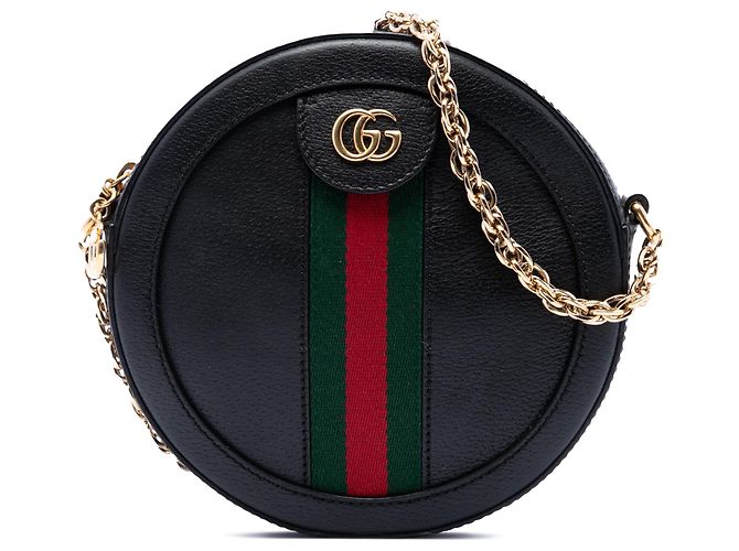 Gucci Mini Borsa a Tracolla Rotonda Ophidia in Pelle di Vitello Nera con Web Nero