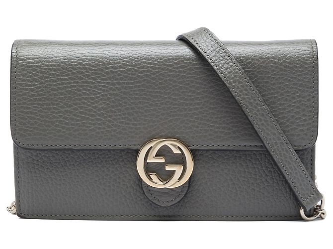Portafoglio a catena Gucci in pelle di vitello Dollar grigio con G intrecciate Marrone
