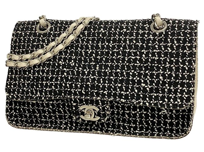 Borsa a tracolla Chanel in tweed nero e avorio Crudo