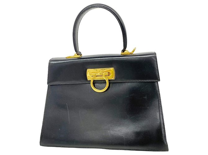 Bolsa de couro Gancini Salvatore Ferragamo Preto