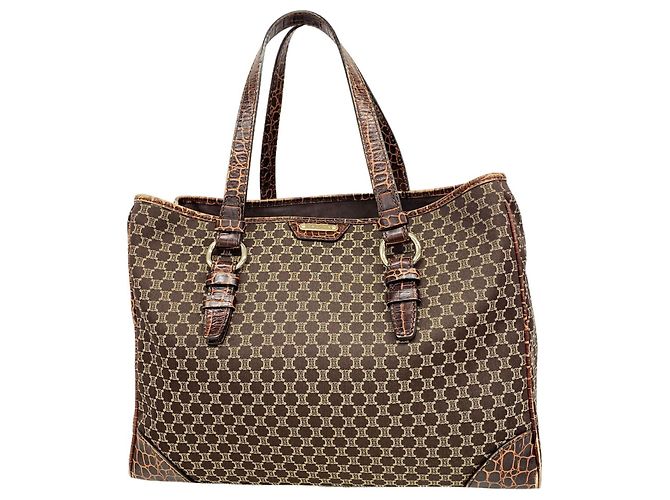 Céline Sac cabas Celine Macadam en toile de nylon Marron