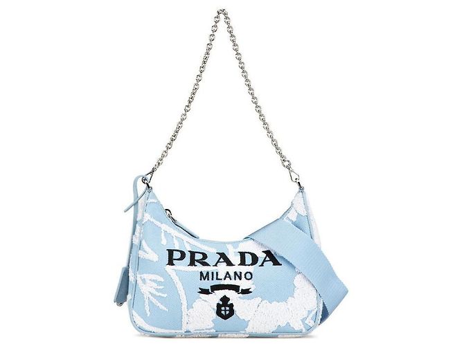 Bolsa Mini com Corrente Bordada Prada Re-Edition 2000 Azul