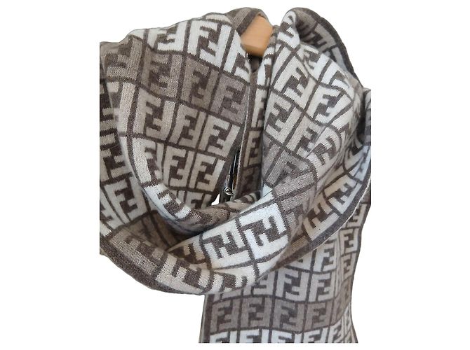 Sciarpa Fendi FF Monogram in lana Marrone Bianco Beige