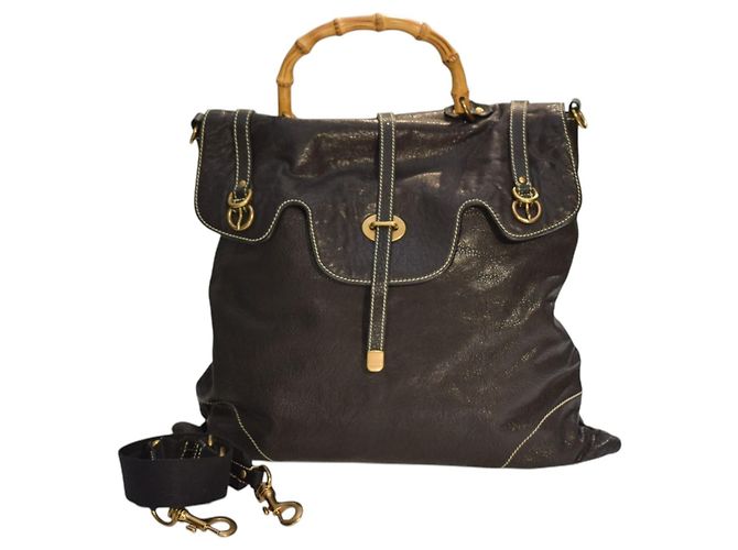 Miu Miu Black Glazed Leather Bamboo Handle Convertible Backpack Tote