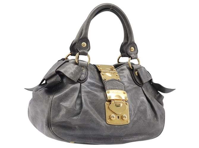 Bolsa Miu Miu em couro cinza tom dourado Auth BA15532V Marrom