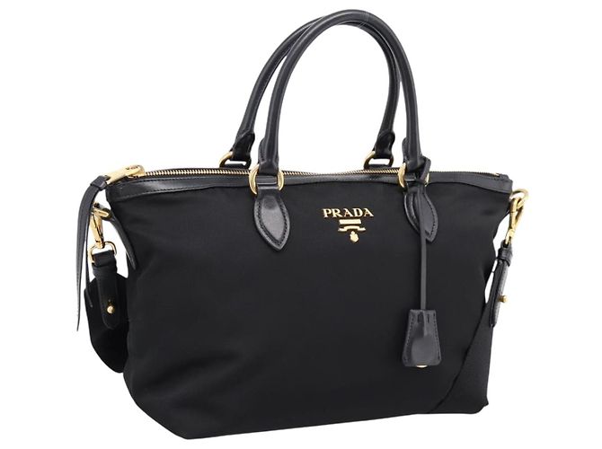 Borsa a Mano PRADA Nylon Pelle 2way Nero Oro Auth ki6822V D'oro