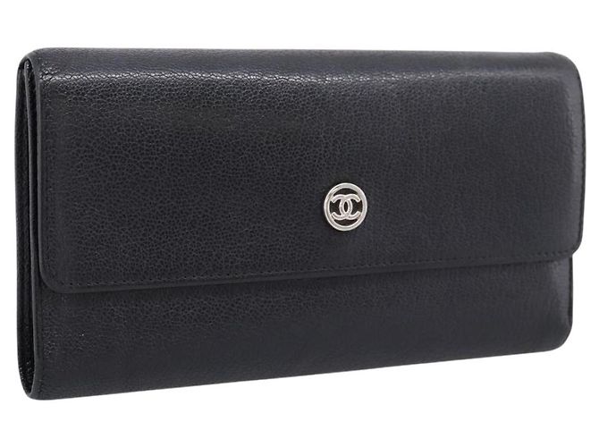 CHANEL Long Wallet Leather Black Silver CC Auth 204783 Silvery