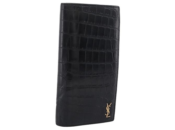 Autre Marque Cartera larga SAINT LAURENT efecto cocodrilo negro y oro Auth 205099A Dorado
