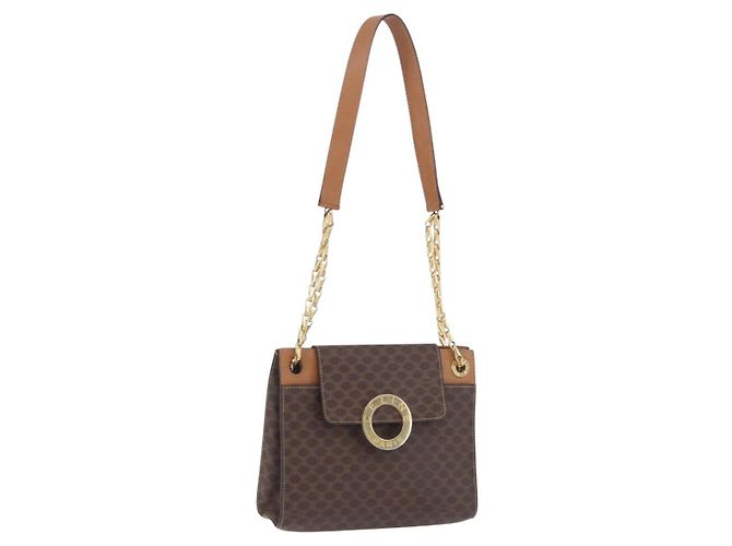 Céline Bolsa de Ombro CELINE Macadam com Corrente em PVC e Couro Marrom Dourado Auth ka6066