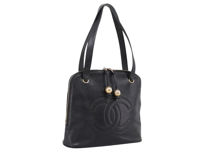 Borsa a tracolla CHANEL COCO Mark Chain in pelle caviar nera e oro CC Auth 201540A Nero D'oro