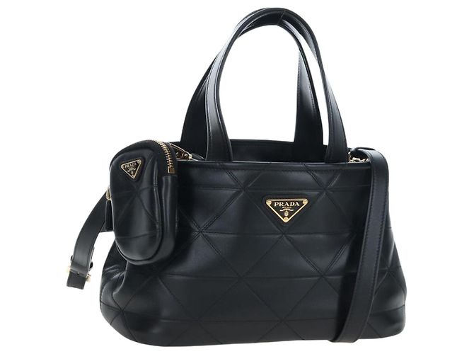 Bolsa de mão PRADA em couro 2way Preta Tom Dourado Auth 167607SM Preto
