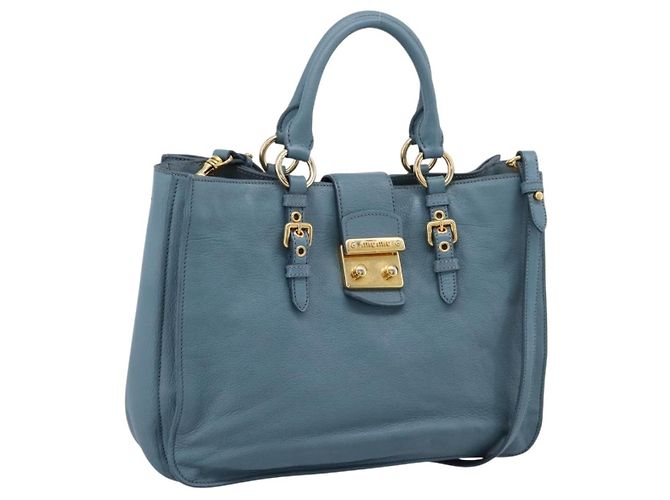Bolsa de mão Miu Miu em couro 2way azul tom dourado Auth 167628V
