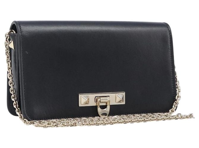 Borsa a tracolla con catena VALENTINO in pelle nera e oro Auth 204165V Nero D'oro