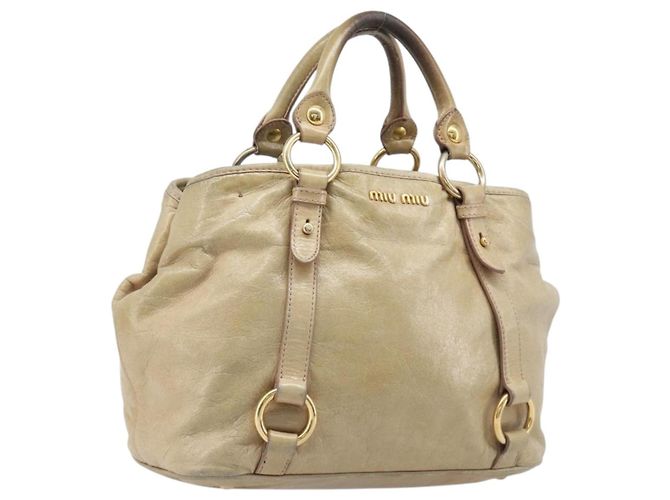 Bolsa de mão Miu Miu em couro bege tom dourado Auth 167591A