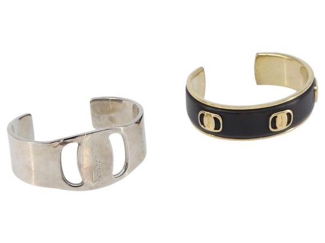 Salvatore Ferragamo Bangle Metal 2 Set Silver Black Auth SW2865 Nero Argento