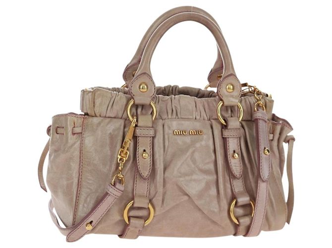 Bolsa de Mão Miu Miu em Couro 2way Bege Tom Dourado Auth 167601V
