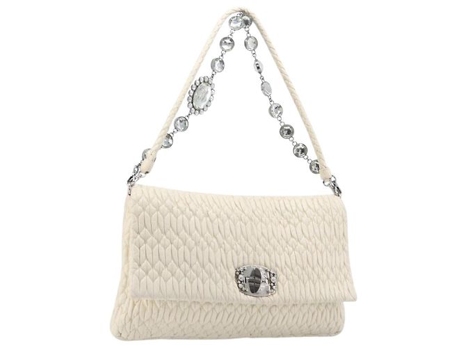 Bolsa de Ombro Miu Miu Matelassé com Corrente em Couro 2way White Silver Auth 202695A Prata Branco
