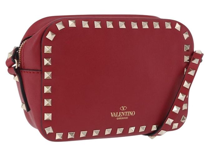 Bolsa de Ombro VALENTINO Rock Studs em Couro Vermelho e Dourado Auth 205816