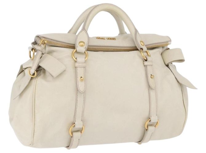 Bolsa de mão Miu Miu com laço lateral em couro 2way White Gold Auth am12582V Branco Dourado