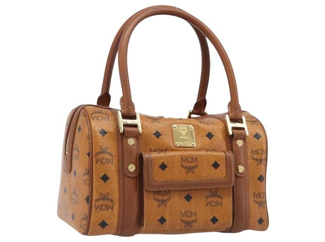 Sac Boston MCM Logogram Vicetos PVC Cuir Marron Or Auth 204458A Doré