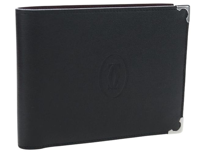 CARTIER Bifold Wallet Leather Black Silver Auth ki6832V Silvery