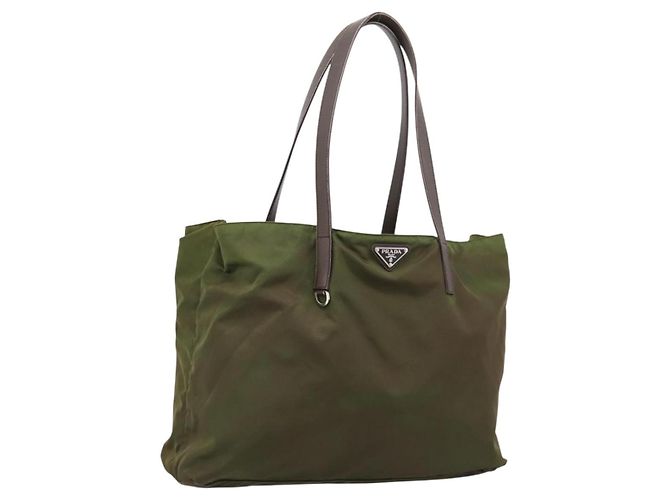 Borsa Tote PRADA Nylon Khaki Silver Auth 201463 Argento Cachi