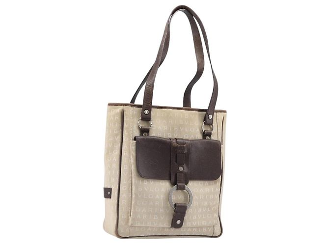 Bulgari Borsa Tote BVLGARI Canvas Beige Silver Auth ar14179 Argento