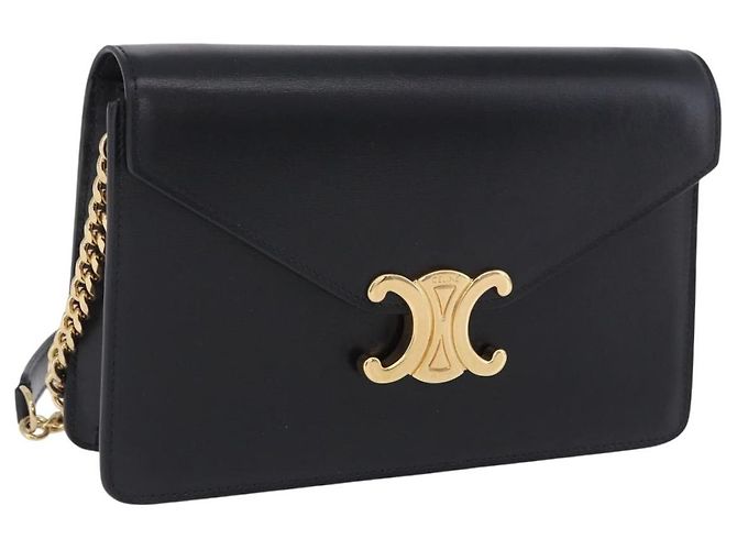 Céline Borsa a tracolla con catena CELINE Triomphe in pelle nera e tono oro Auth ka6199SAM Nero