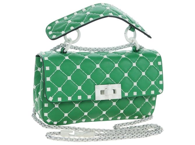 Bolsa de Ombro Rockstuds com Corrente VALENTINO em Couro Verde Branco Auth 202800V