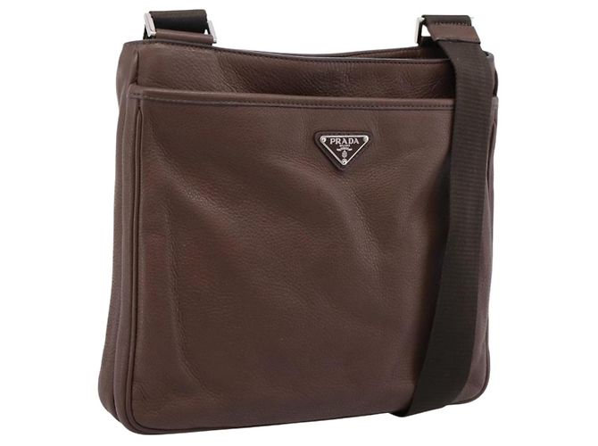Borsa a tracolla PRADA in pelle Taurillon Marrone Argento Auth am12669V