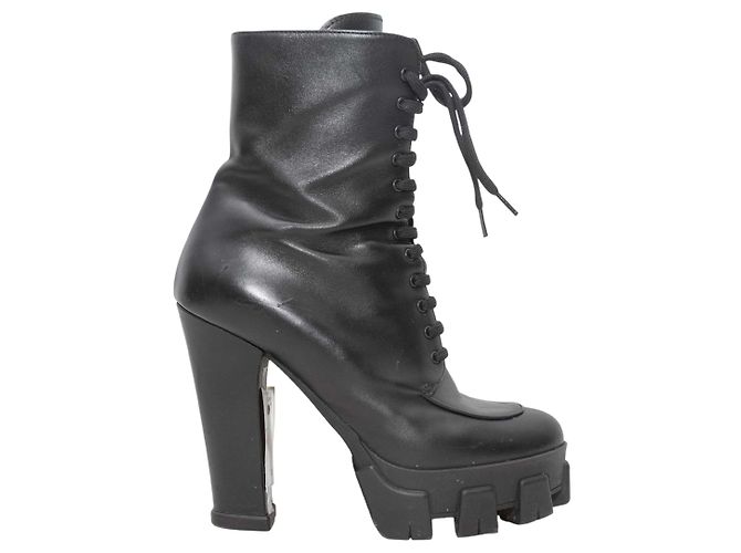 Black Prada Leather Heeled Combat Boots Size 40