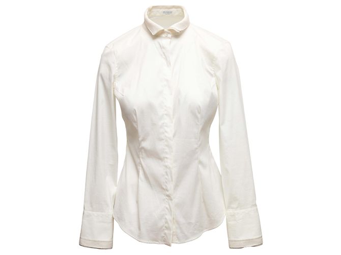Weißes Brunello Cucinelli Button-Up-Top mit Monili-Besatz Größe US S