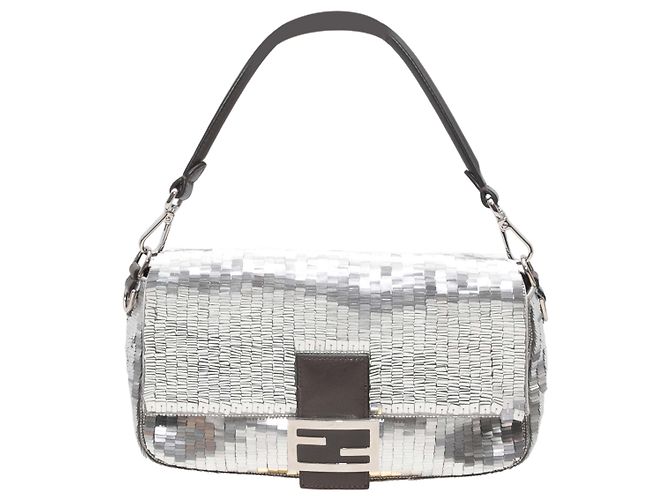 Borsa Baguette Fendi in paillettes argento e nero