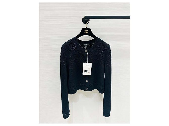 Chanel Schwarzer Strickpullover aus Baumwolle mit Cut-out Detail Gr. 38 Mehrfarben