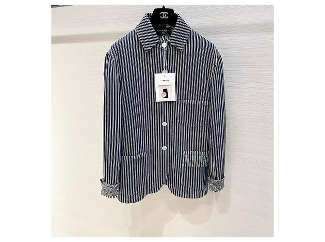 Giacca Chanel in seta blu navy a righe con ricami Multicolore