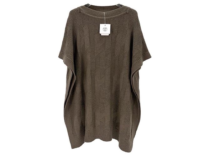 Top Hermès de Lana Khaki con Mangas Abullonadas Multicolor