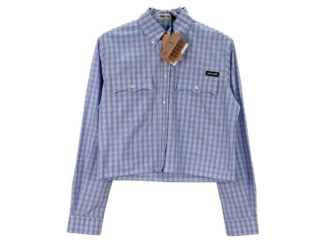 Top Miu Miu de algodão com padrão xadrez Navy Multicor