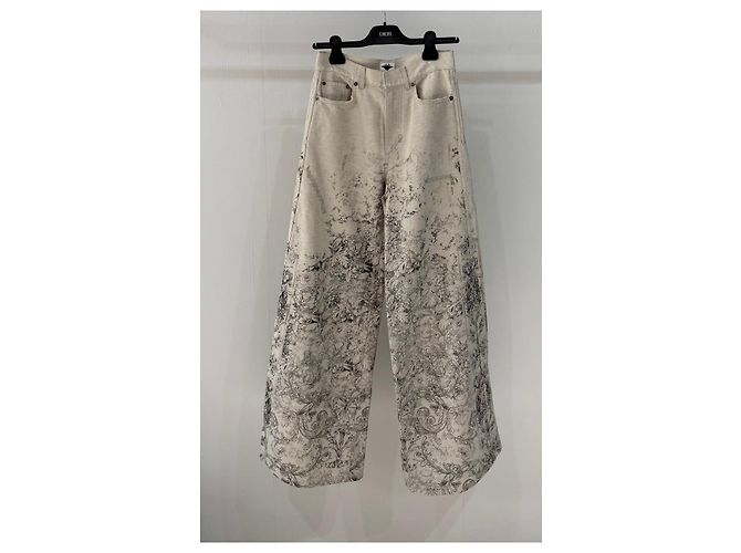 Autre Marque Pantalones Dior Ecru con Estampado de Algodón Talle Alto Multicolor