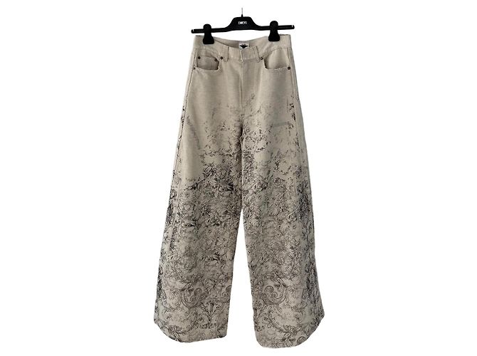 Pantalones Dior Ecru con Estampado de Algodón Talle Alto Multicolor