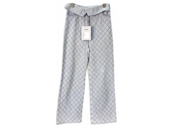 Chanel Navy Denim Trousers with Quilted Diamond Pattern