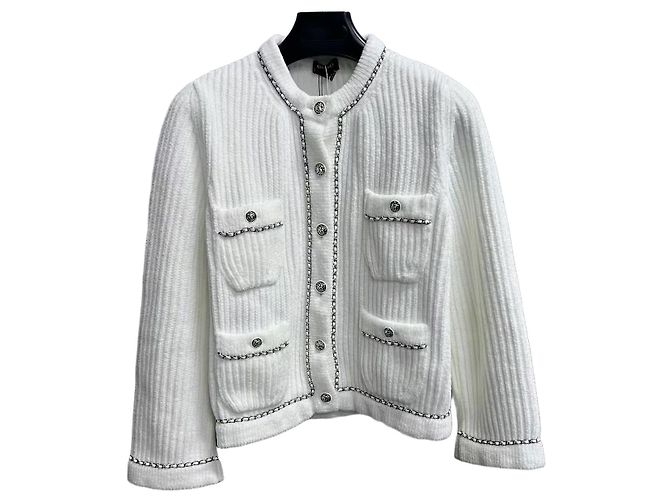 Chanel Tweed Strickjacke Weiß Langarm