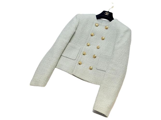 Casaco Céline de Tweed Verde de Peitilho Duplo Multicor
